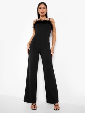 BooHoo Black Feather Strappy Wide Leg Jumpsuit
